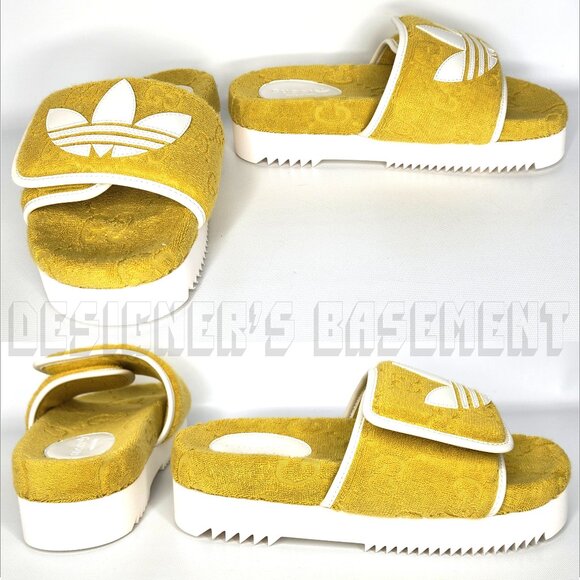 GUCCI x Adidas woman 37EU- 7US Yellow GG Sponge & Trefoil platform Slide sandals - Picture 4 of 11